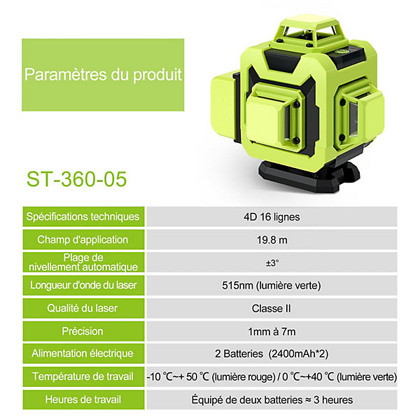 Niveau laser 4 x 360,2 batteries 2400 mA,4D 16 fils