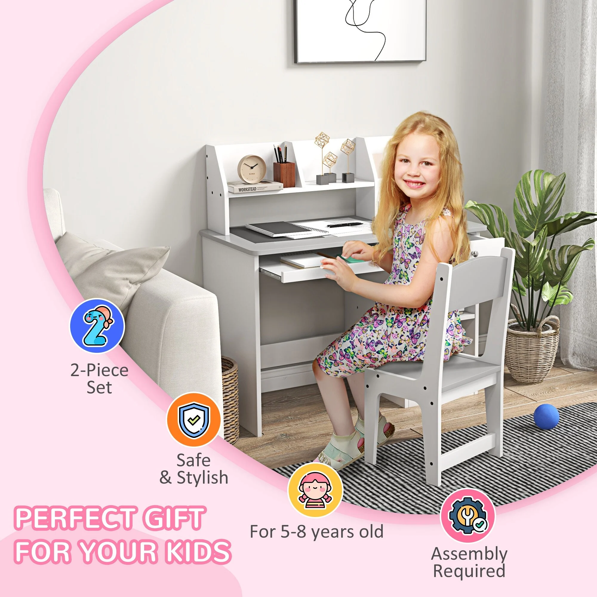 Children's Study Desk and Chair Set with Keyboard Drawer, Storage Compartments for Ages 5-8