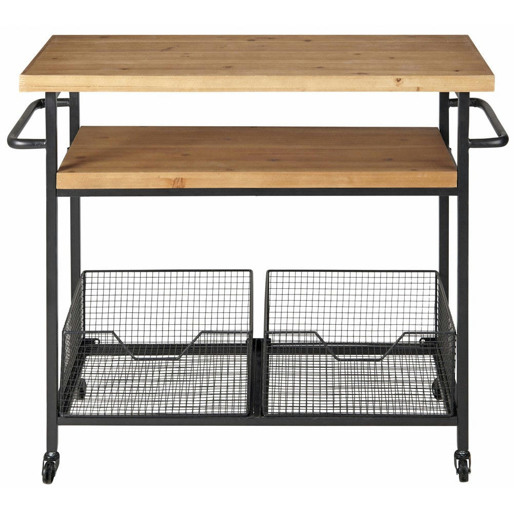 Bessie - Desserte en bois de sapin et paniers en métal noir à roulettes