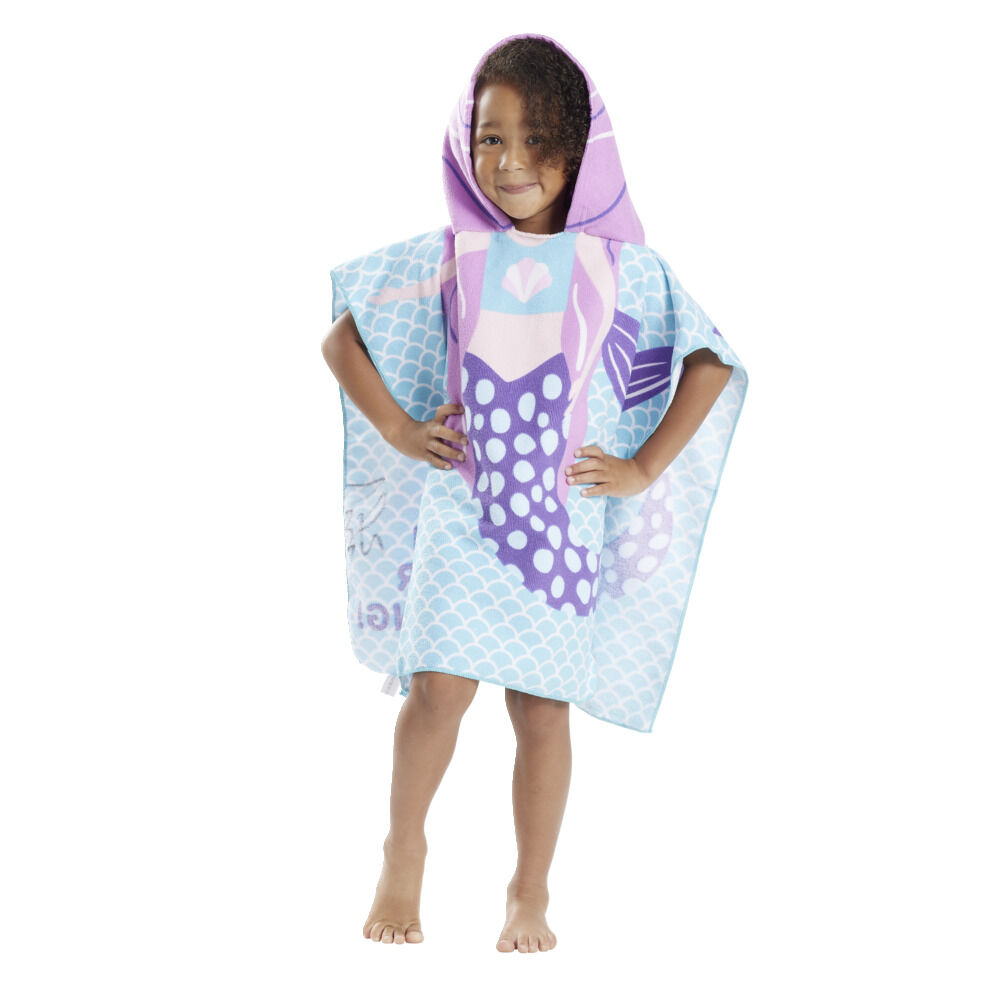 Poncho capuche sortie de plage enfant motif sirène bleu 60x60xH120cm