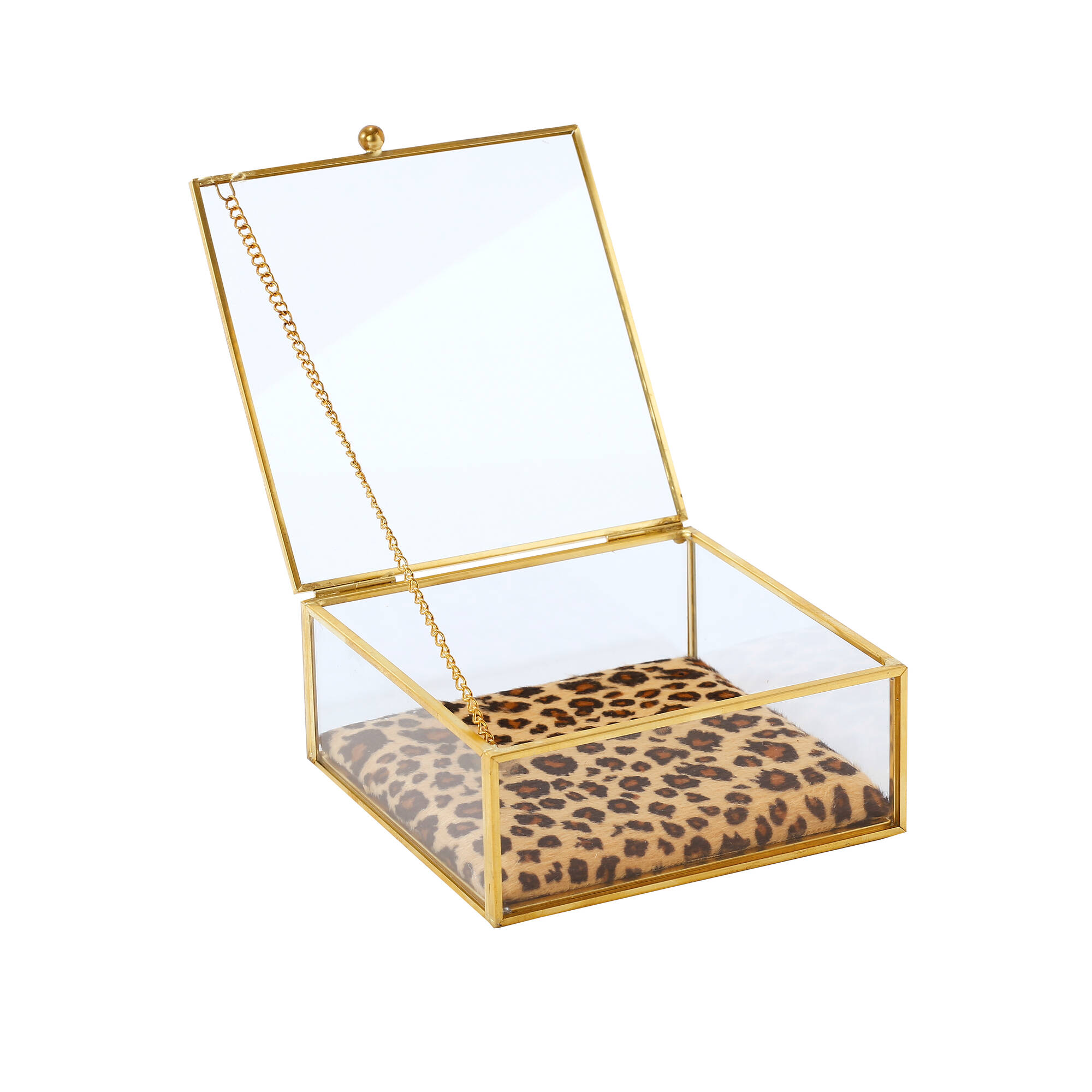Bo&icirc;te à bijoux verre et métal, avec coussin léopard