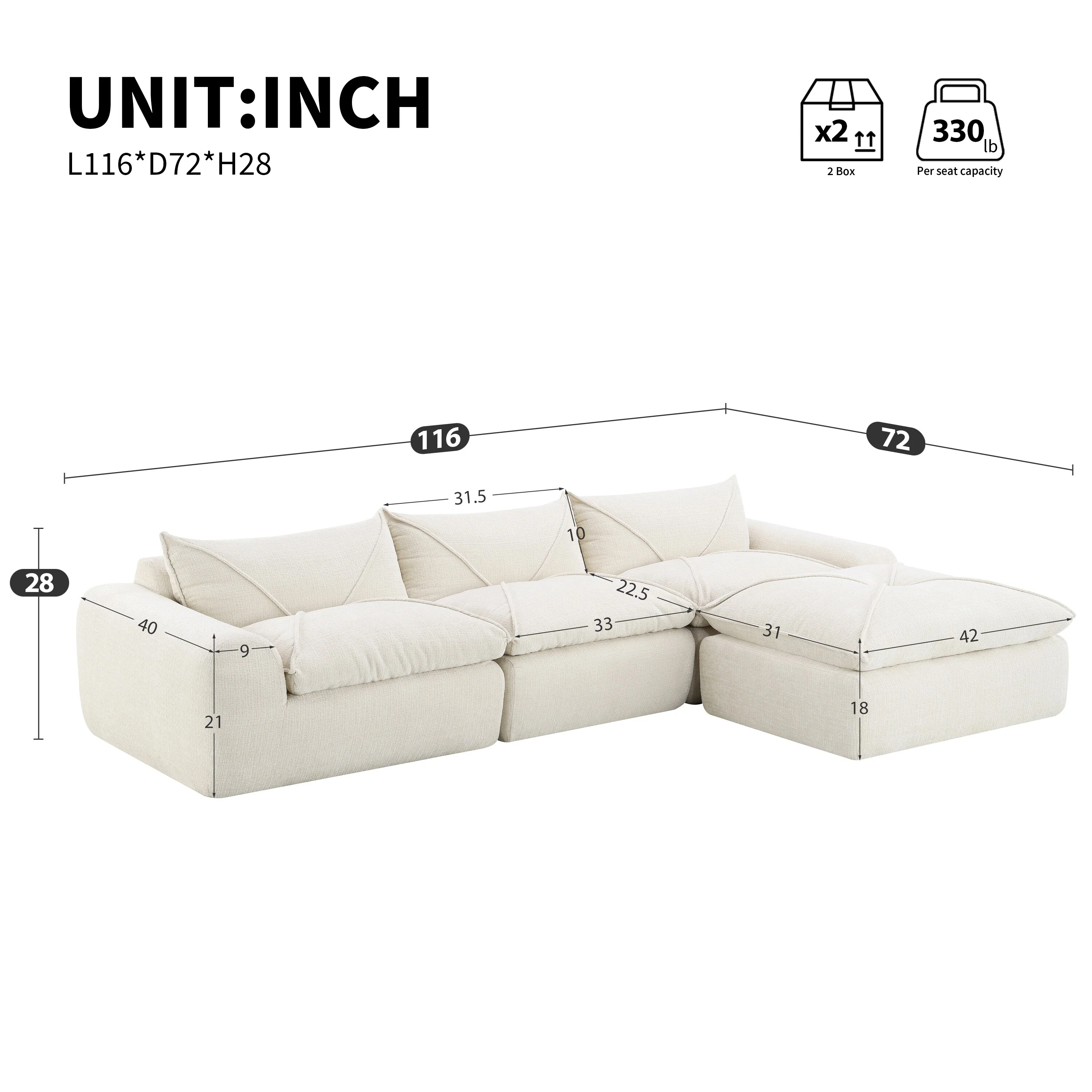 116'' Fully Compressed Sofa with High Density Foam, No Assembly Required, Legless Design without Frame
