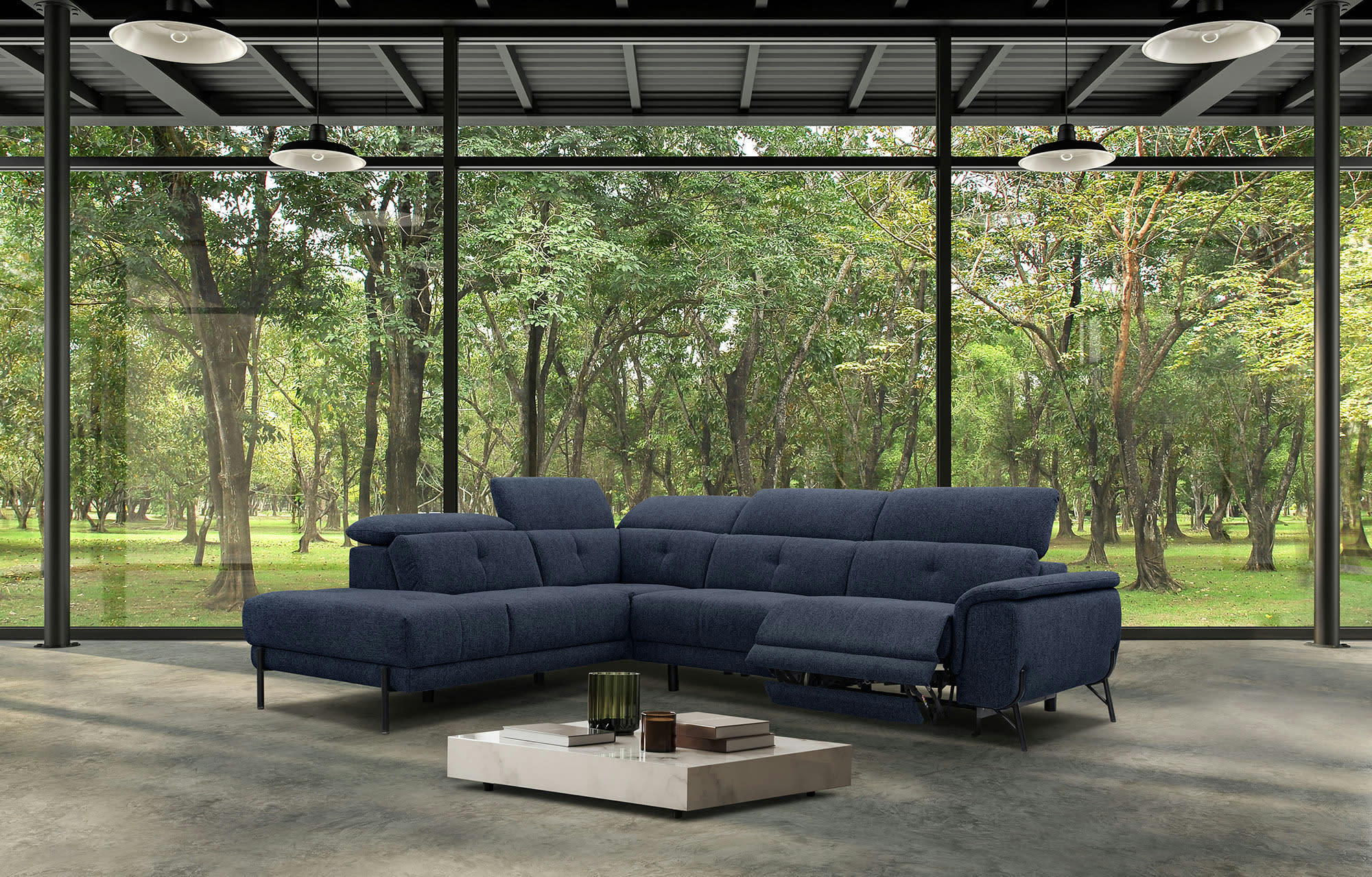 AVENA - Canapé d'angle gauche 5 places relax électrique tissu bleu foncé