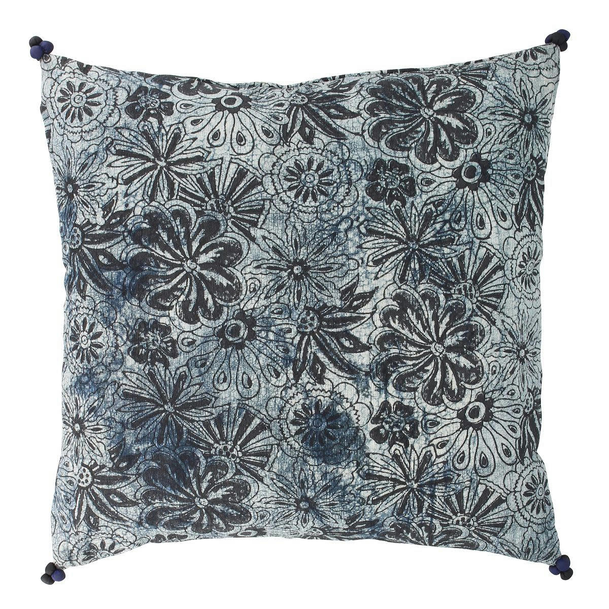 MELTING - Coussin en coton bleu et noir avec pompons 45cm