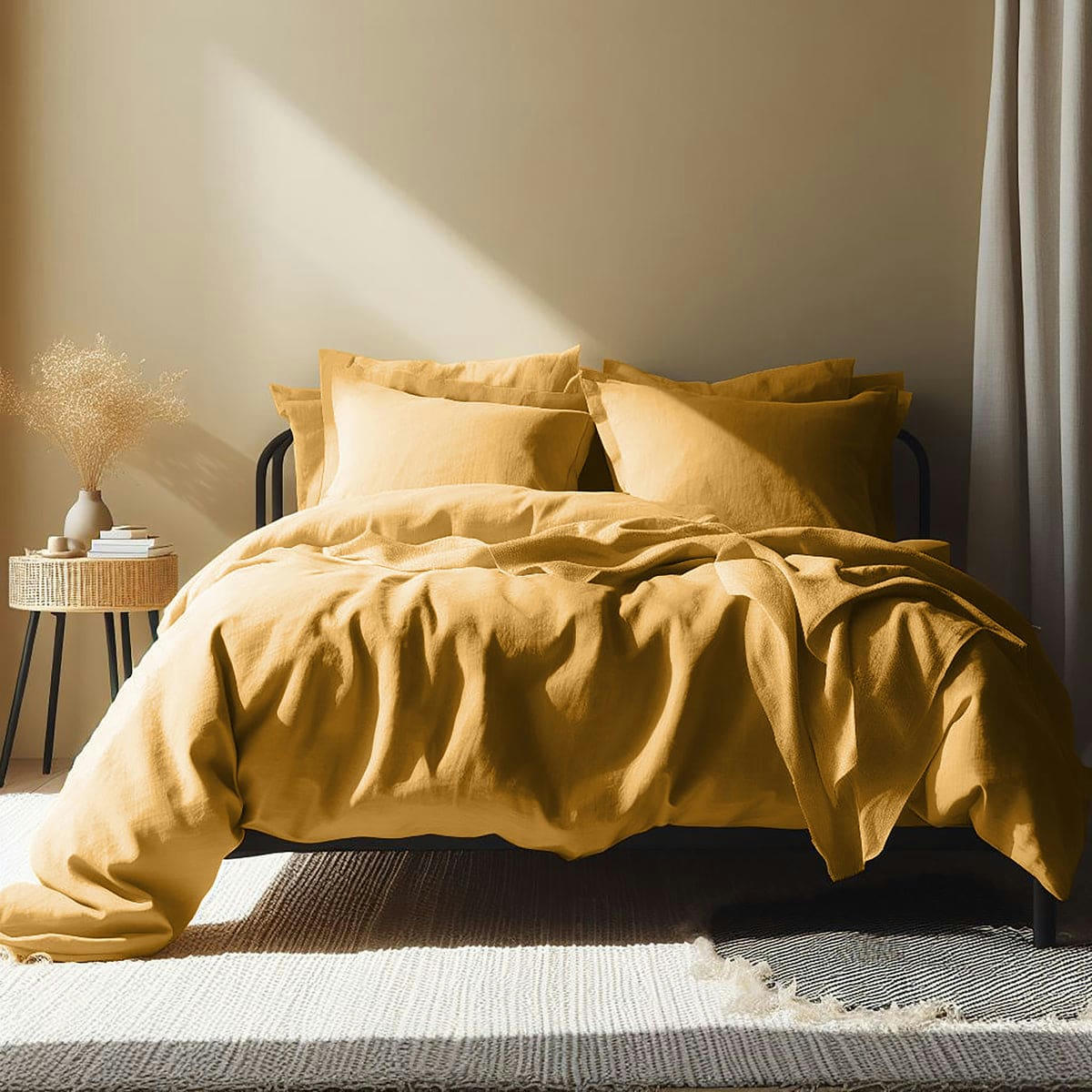 HORTENSE - Drap housse lin lavé  160x200x30 jaune safran