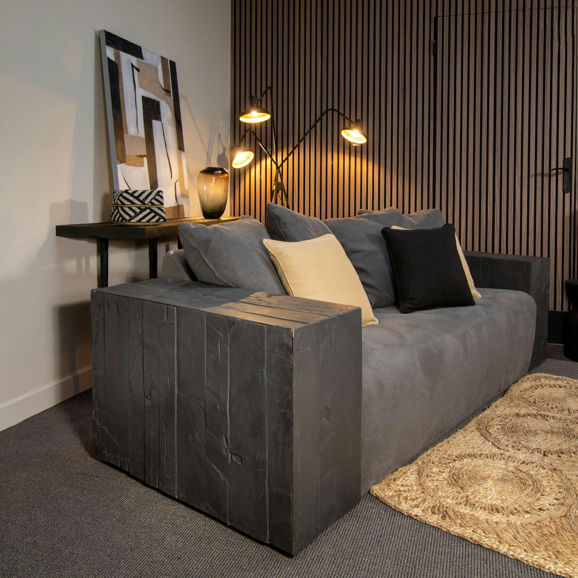 TRIBU - Canapé en tissu gris et bois recyclé noir 3 places