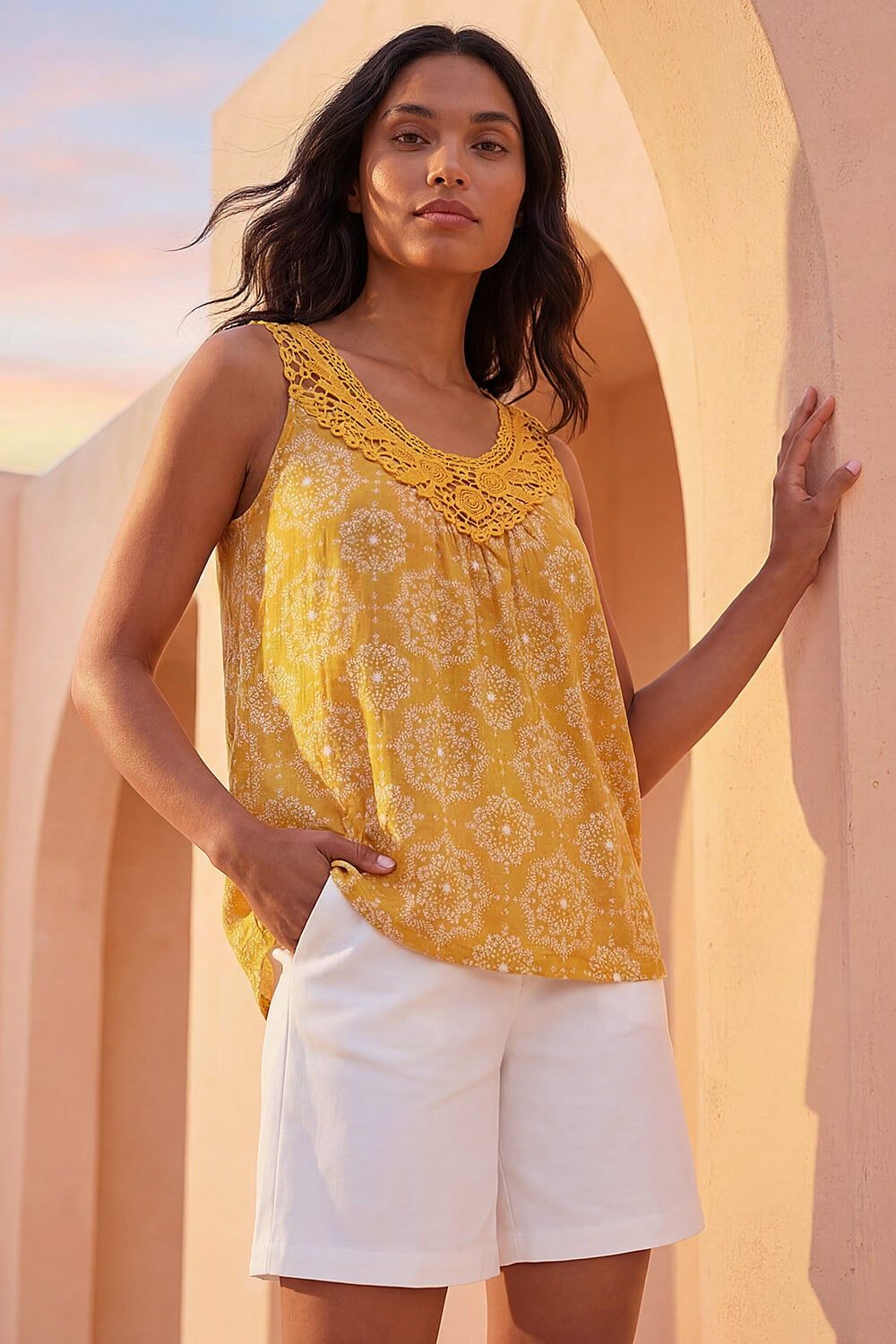 Roman Printed Crochet Trim Vest Top