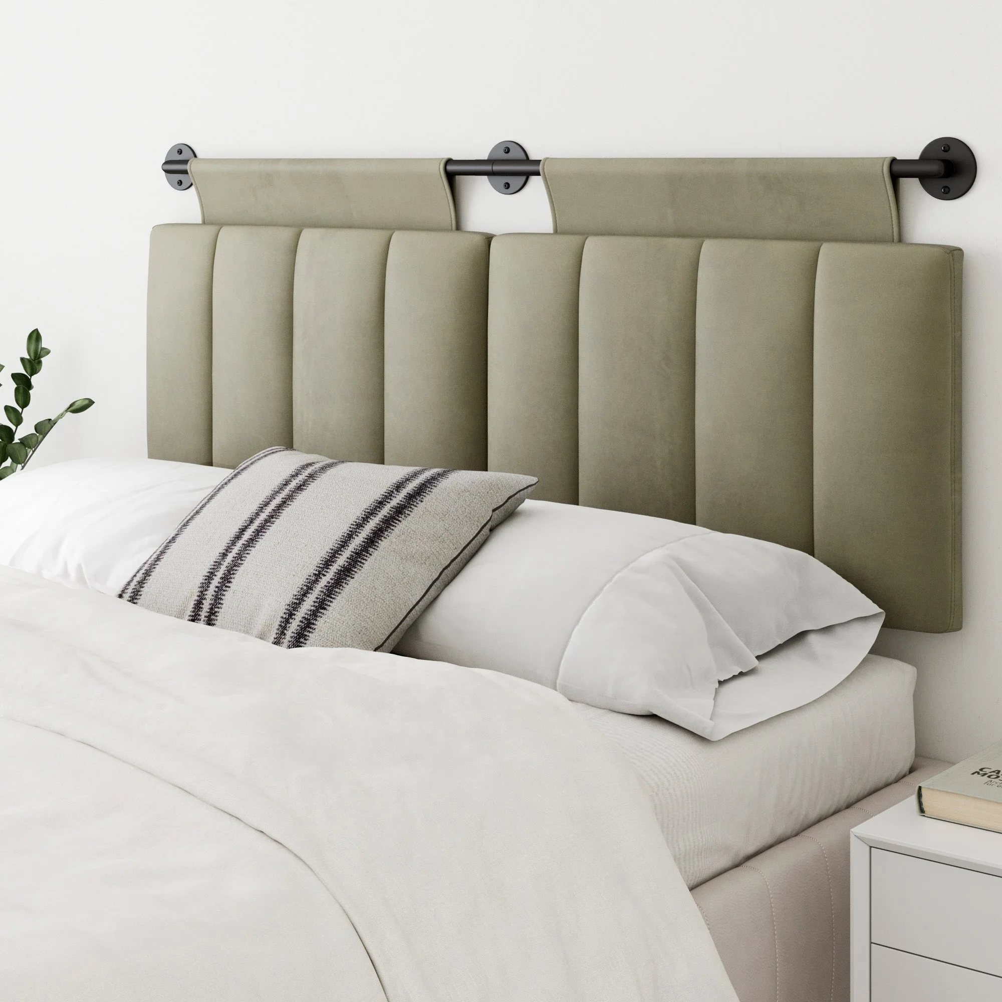 Nathan James Remi Wall Mount Tufted Headboard with Adjustable Straps and Black Metal Rail