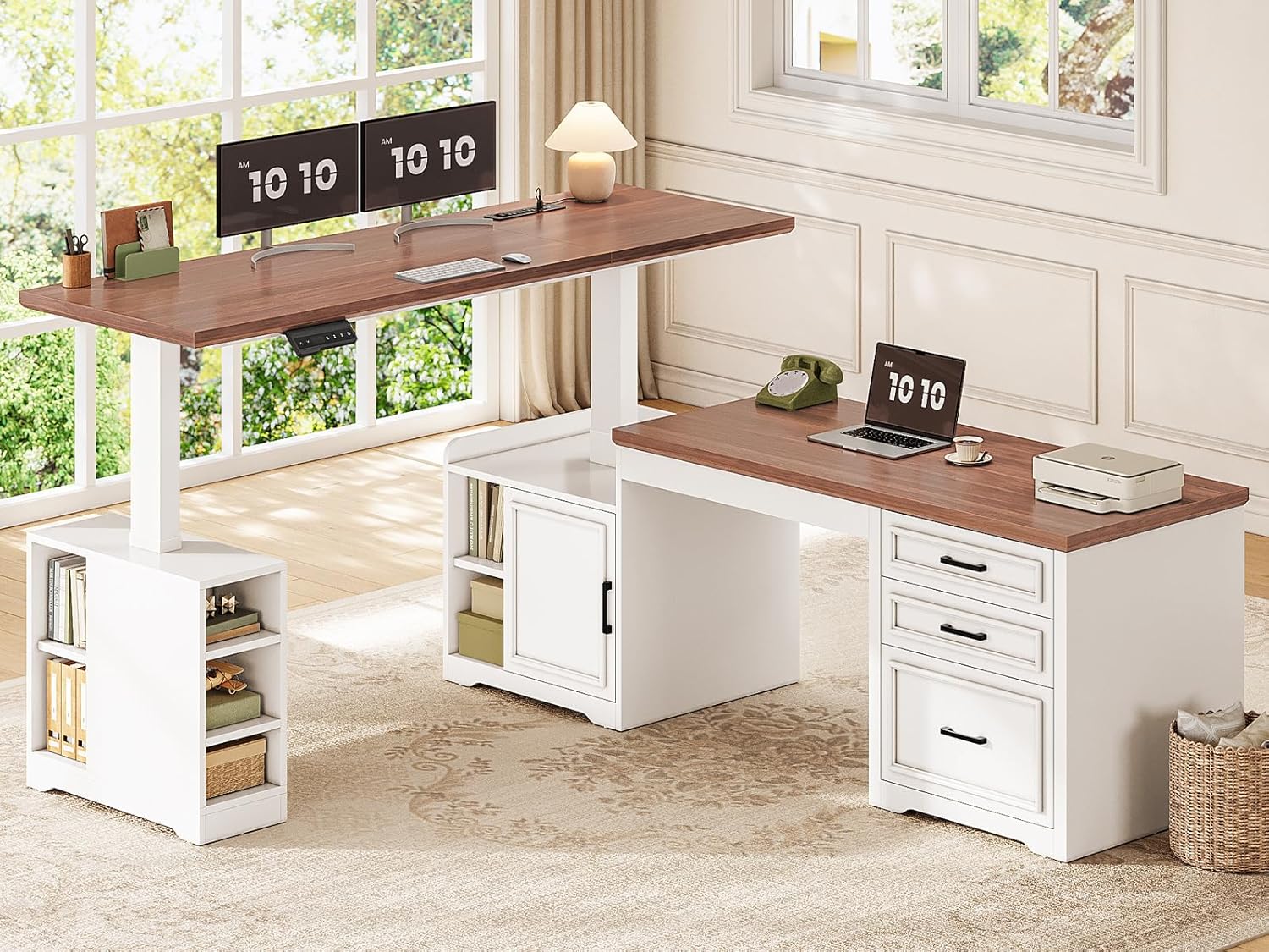 SEDETA Farmhouse L Shaped Electric Standing Desk, 63 x 67 Height Adjustable Home Office Executive Desk with Drawers and Shelves, Standing Computer Desks with Power Outlet for Home Office, White