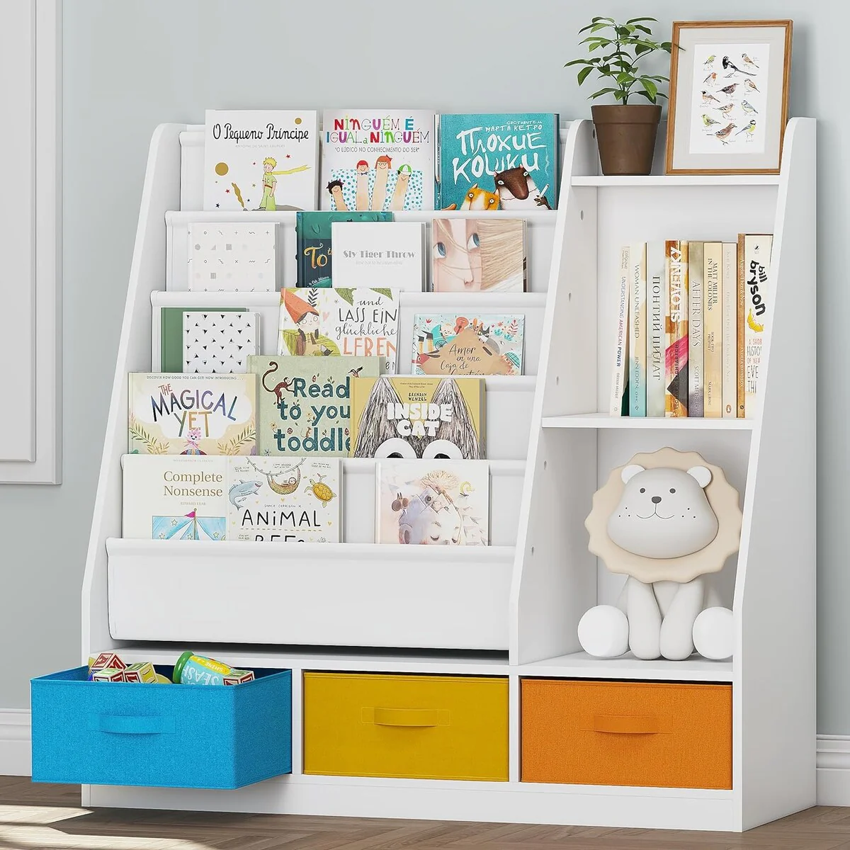 COSTARS Kids Bookshelf and Toy Storage, 5-Tier Sling Montessori Bookshelf with Bins, Wood Childrens Bookcase Organizer