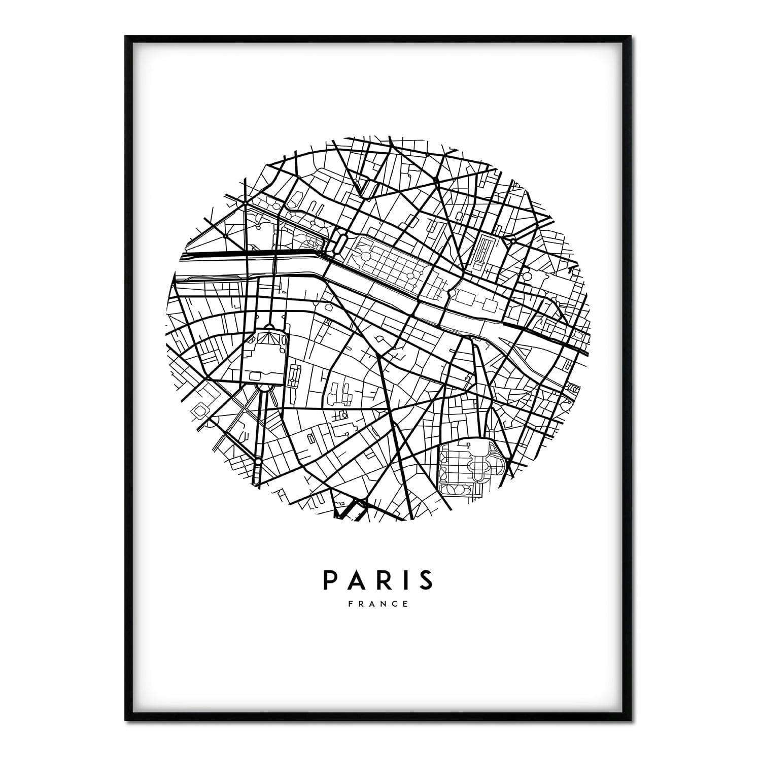 CIUDADES - Affiche avec cadre noir - Plan de Paris - 30x40