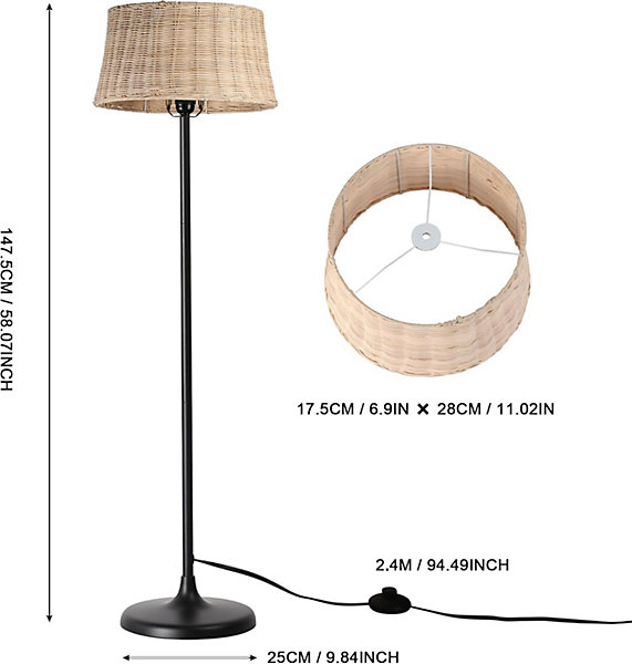 Lampadaire Serena en Bambou Naturel Tressé à la Main avec Interrupteur de Câble et Douille E27 pour Salon et Chambre