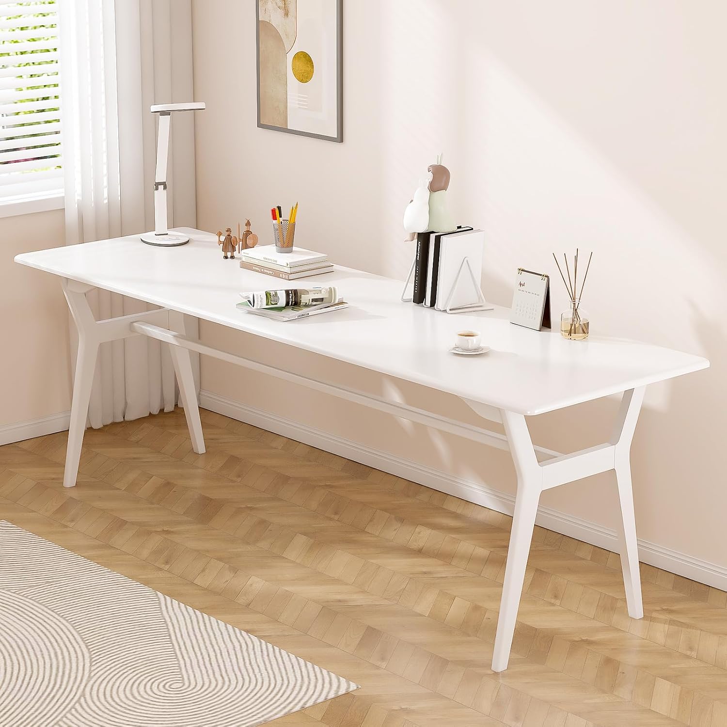 OSCHF Solid Wood Study Desk - 78.8 Double Long Computer Table for Home Office, 2-Person PC Workstation, White