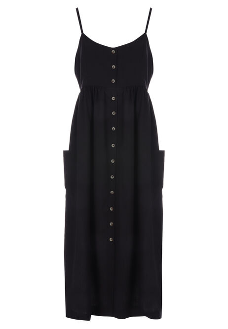 Womens Black Button Through Strappy Midi Dress