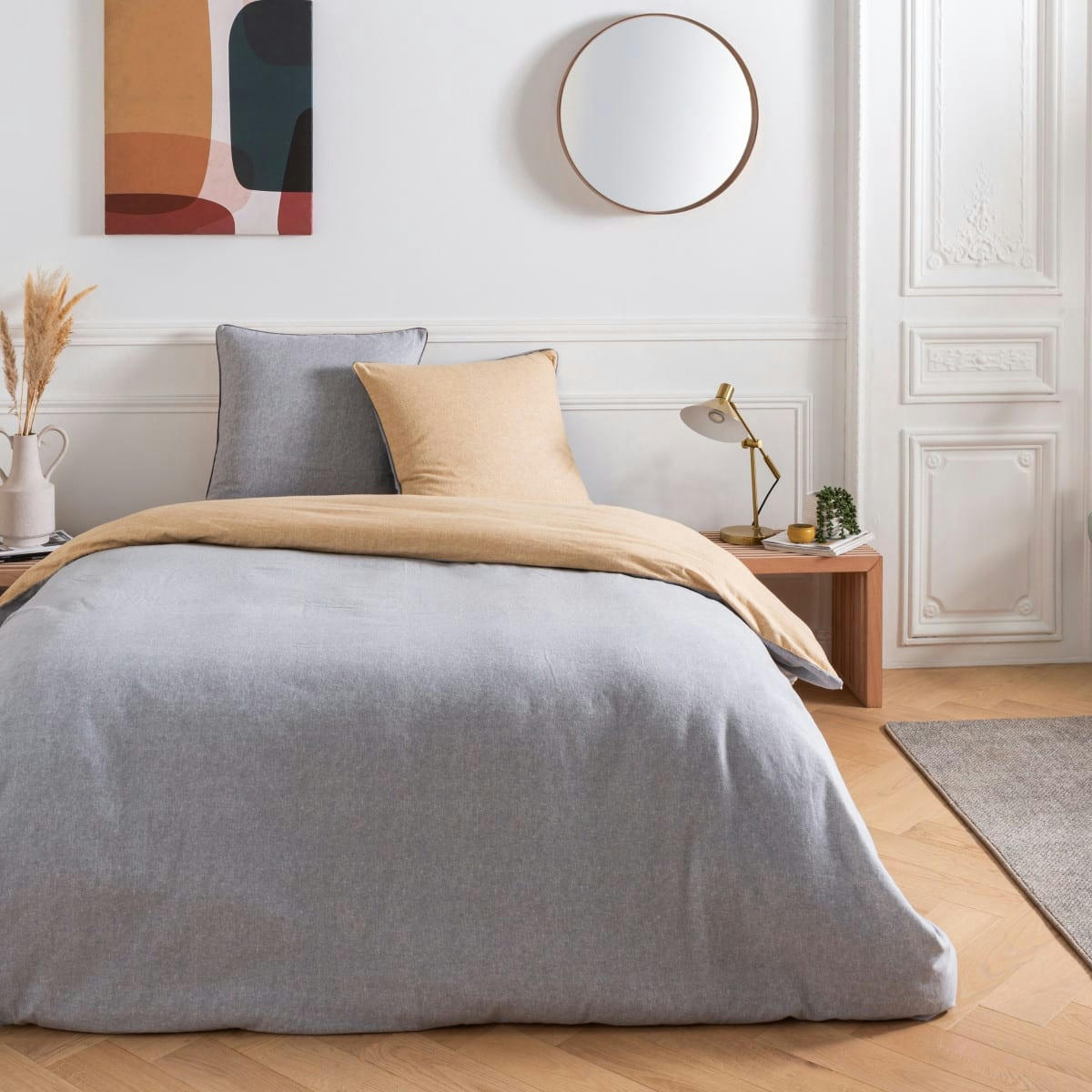 DOUCEUR - Drap housse en flanelle coton  uni gris 160x200cm