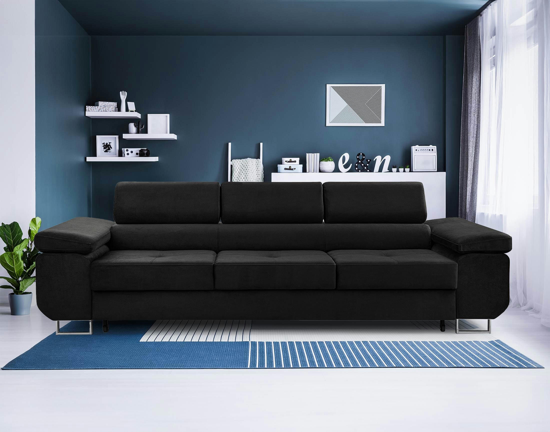PABLO - Canapé droit convertible 3 places en velours noir