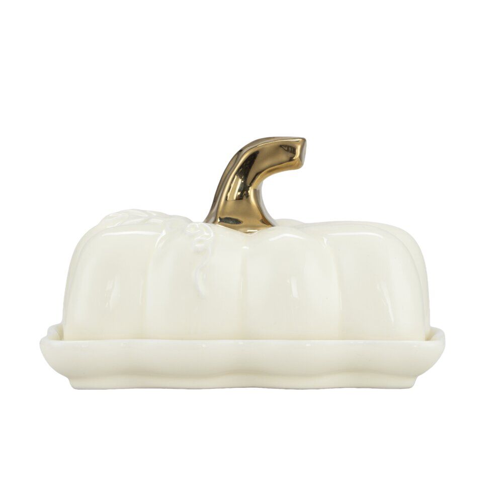 Beurrier céramique forme citrouille blanc et doré 15x8xH10cm