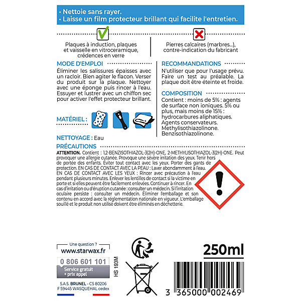 Nettoyant spécial plaques vitrocéramiques Starwax 250ml
