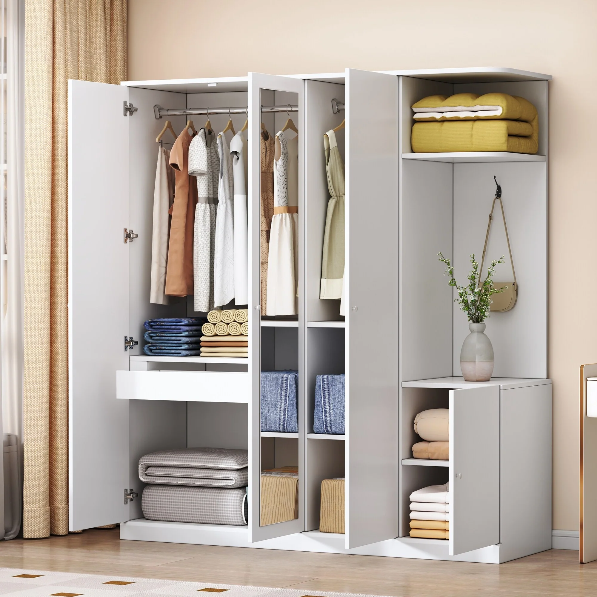 4-Door Wardrobe with Shelves, Drawers, and Full-Length Mirror, White