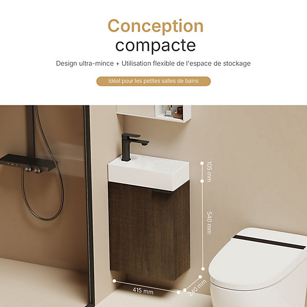 EMKE Meuble de Salle de Bain Murale, Vasque Blanche, Finition Chêne Fumé, étagère réglable, Portes Soft-Close, Design Moderne