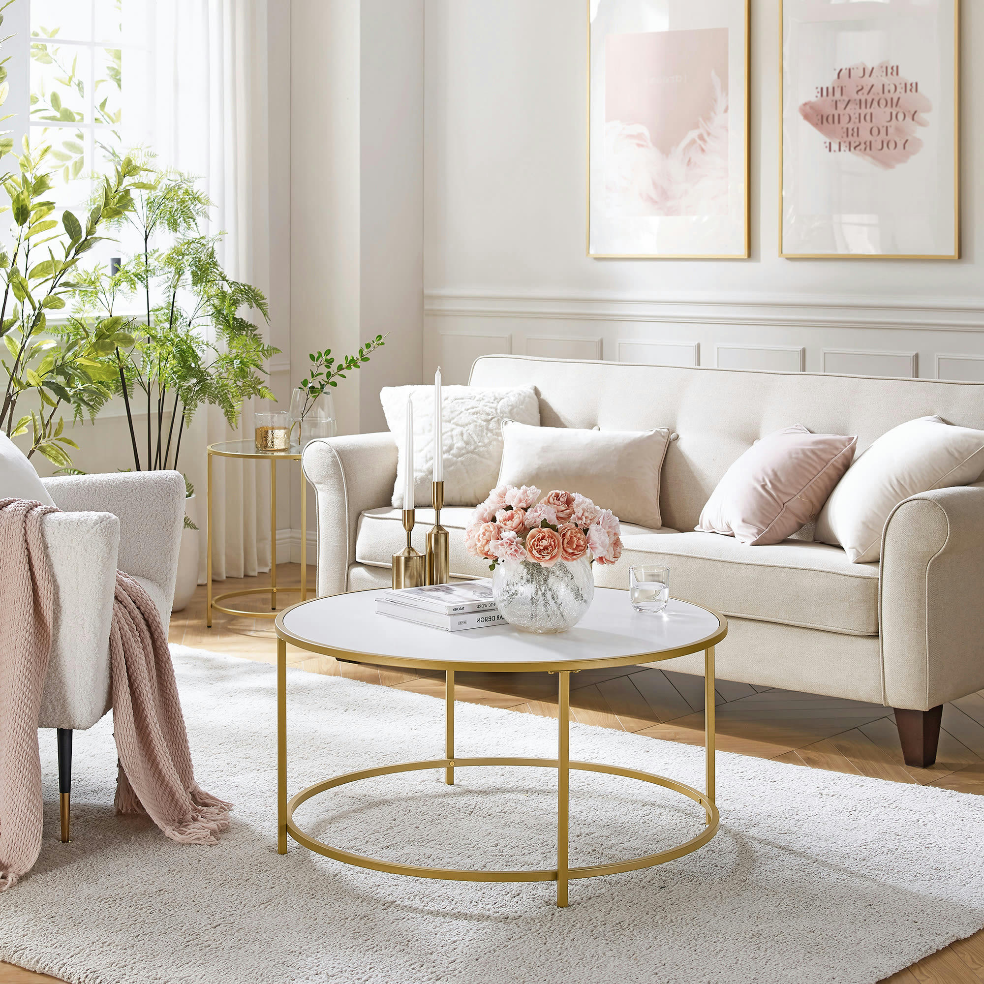 - Table basse acier  trempé doré et blanc