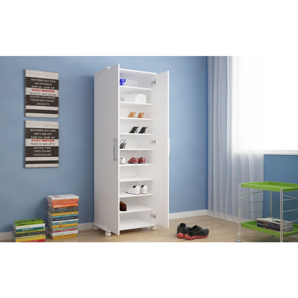 Manhattan Dimensions White Wood Comfort Innovative Catalonia Mobile Shoe Closet 1.0 with 10 Shelves