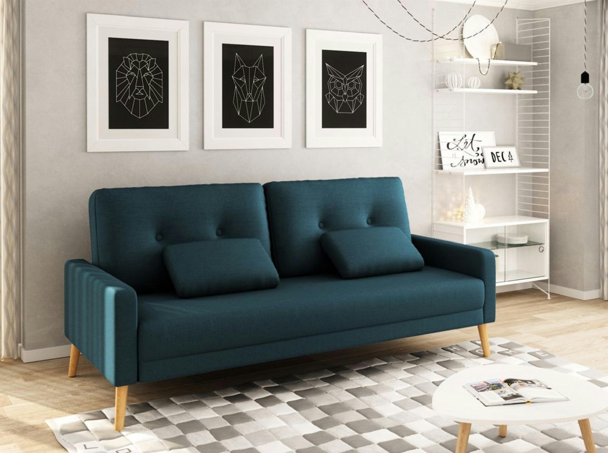 ELGA - Canapé droit convertible style scandinave en tissu bleu