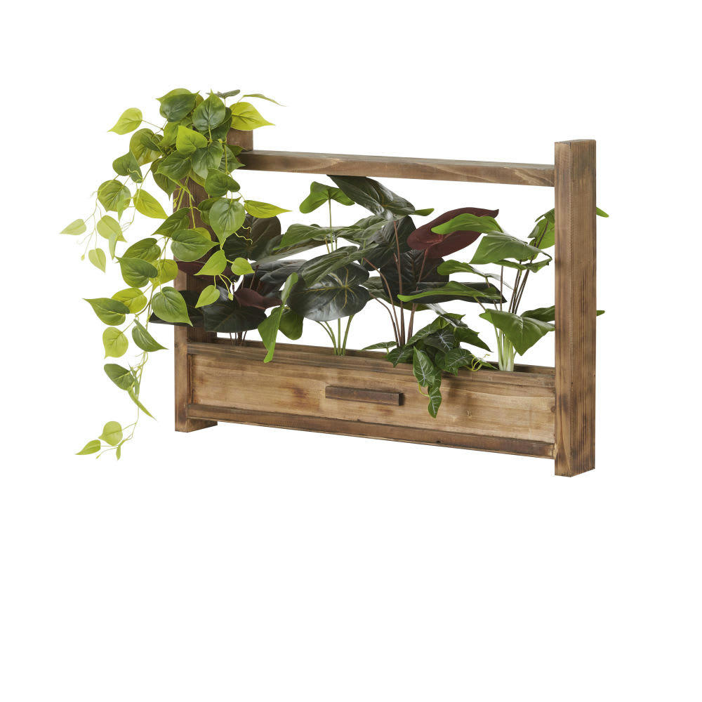 BOTTANY - Déco murale en bois de sapin et plantes artificielles vertes 81x62
