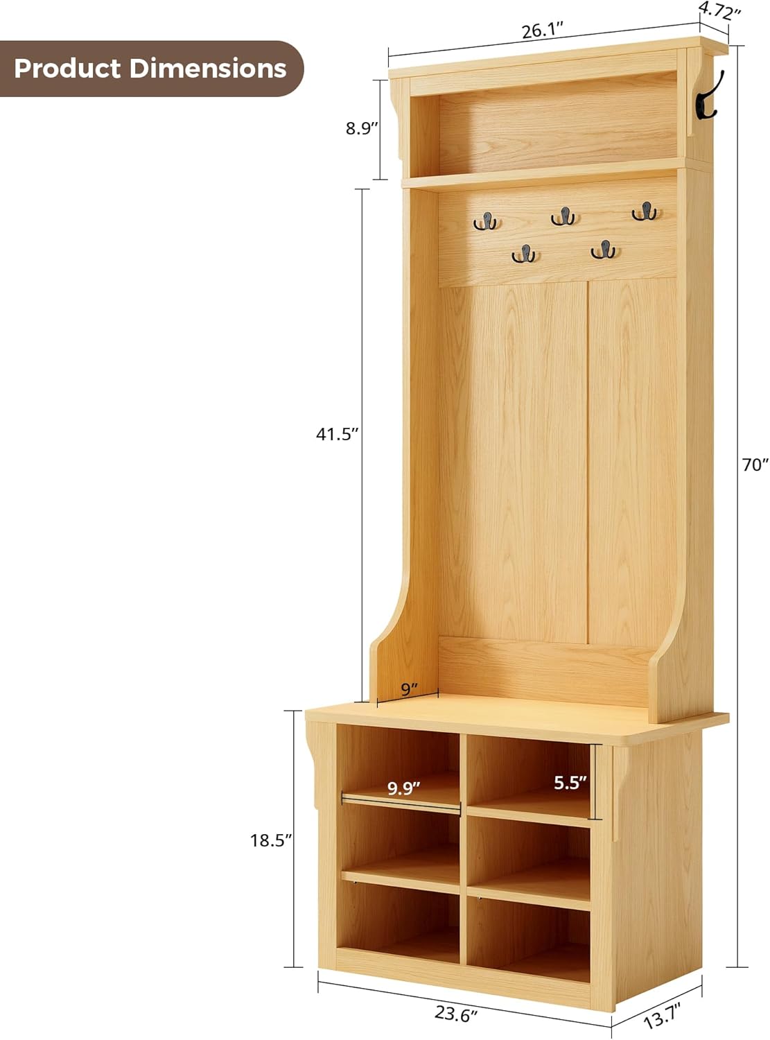 IRONCK Hall Tree with Bench and Shoe Storage, 6-in-1 Entryway Bench with Coat Rack, Adjustable Shelf, Hanging Hooks, 6 Shoe Cubbies, 2-Tier Top Storage, for Entryway, Bedroom, Living Room, Oak