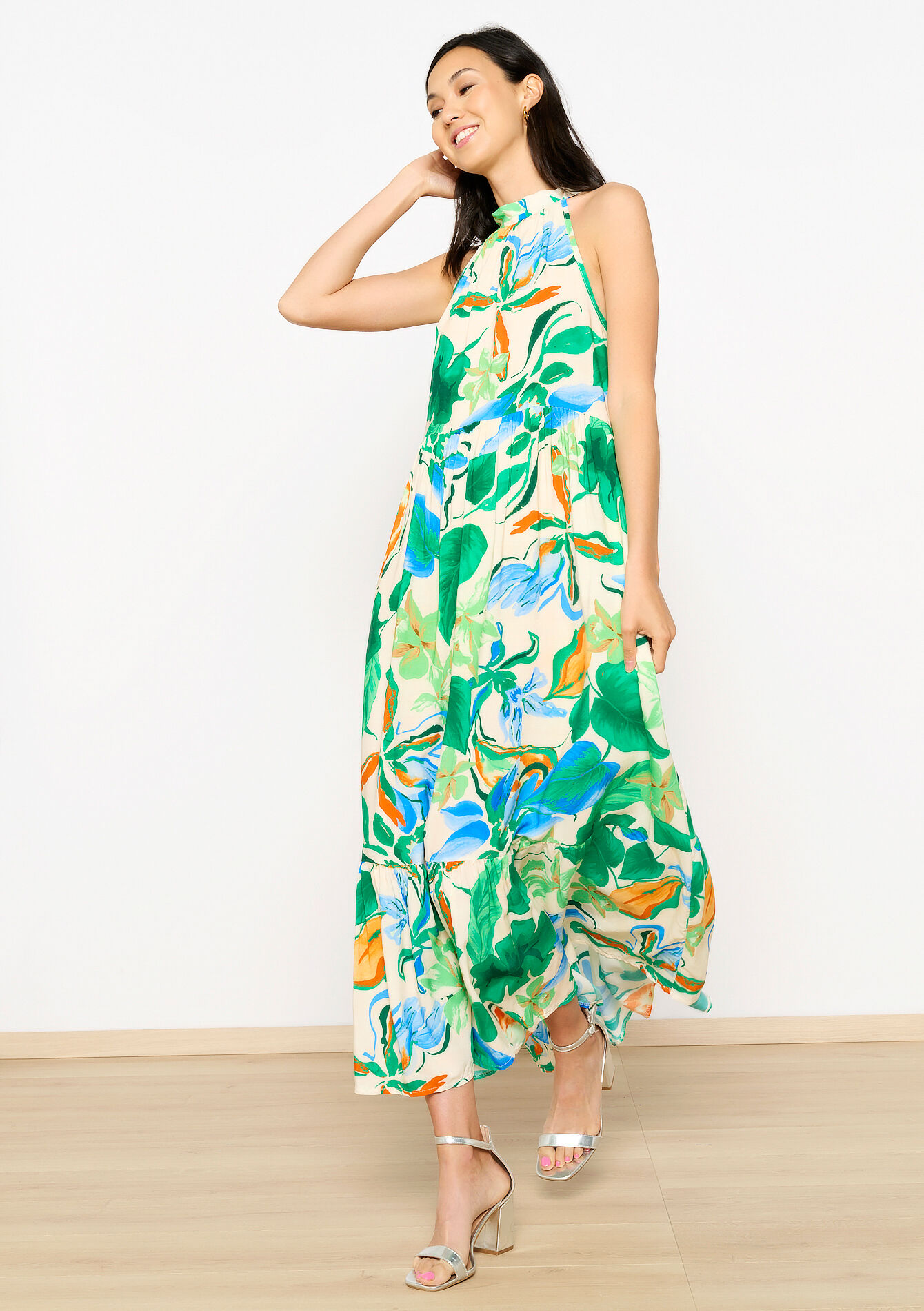 Halterjurk met tropische print