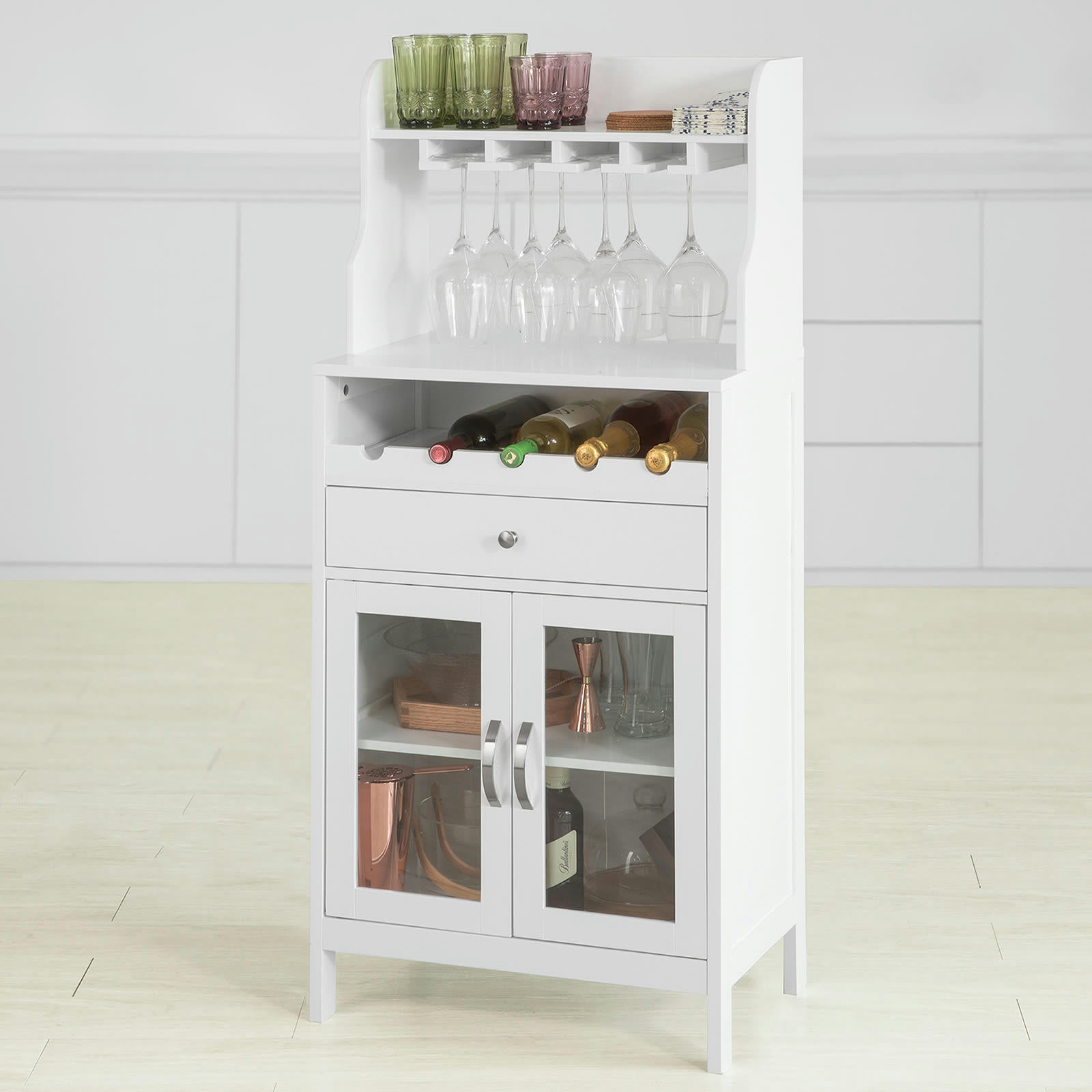 - Buffet de rangement 1 Porte-Bouteilles 2 portes effet bois gris