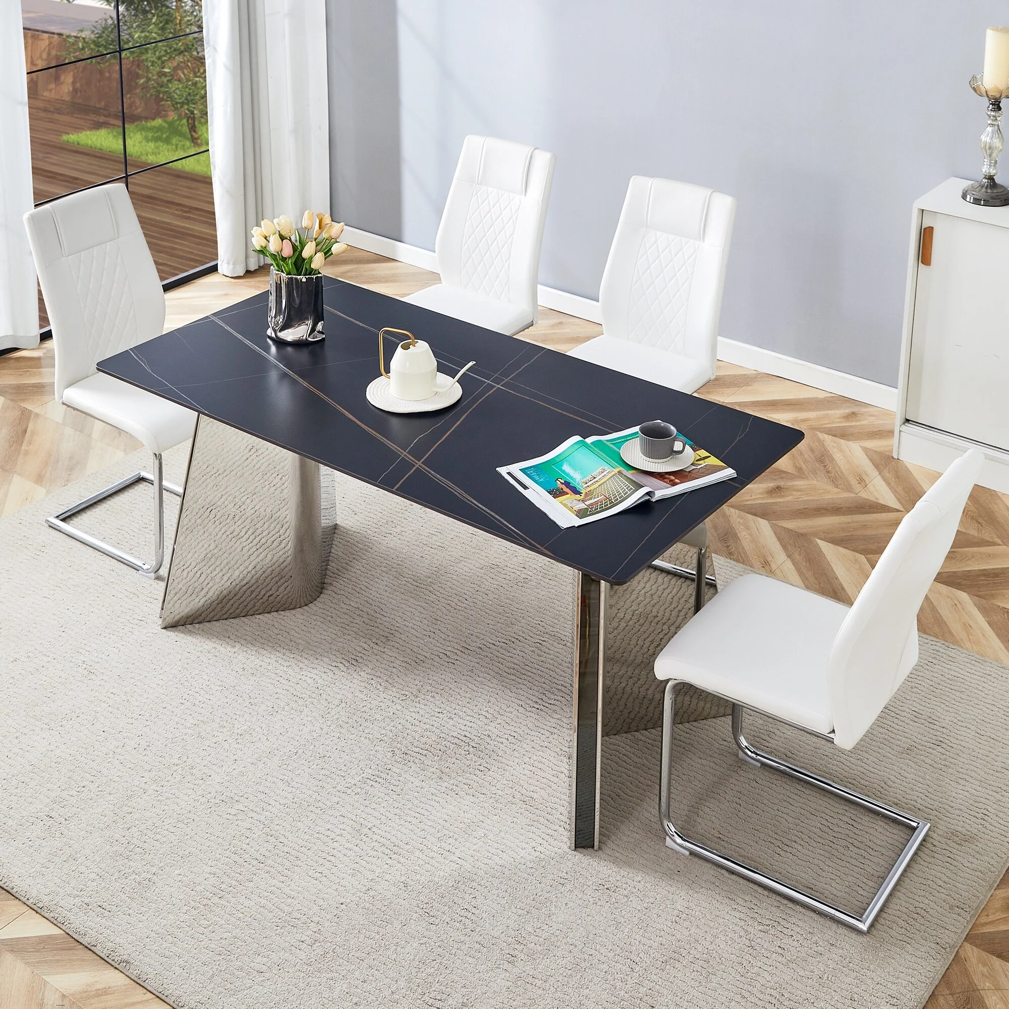 Modern Style Dining Rectangular Table Set with Stainless Steel Butterfly Legs and PU High Back Dining Chairs