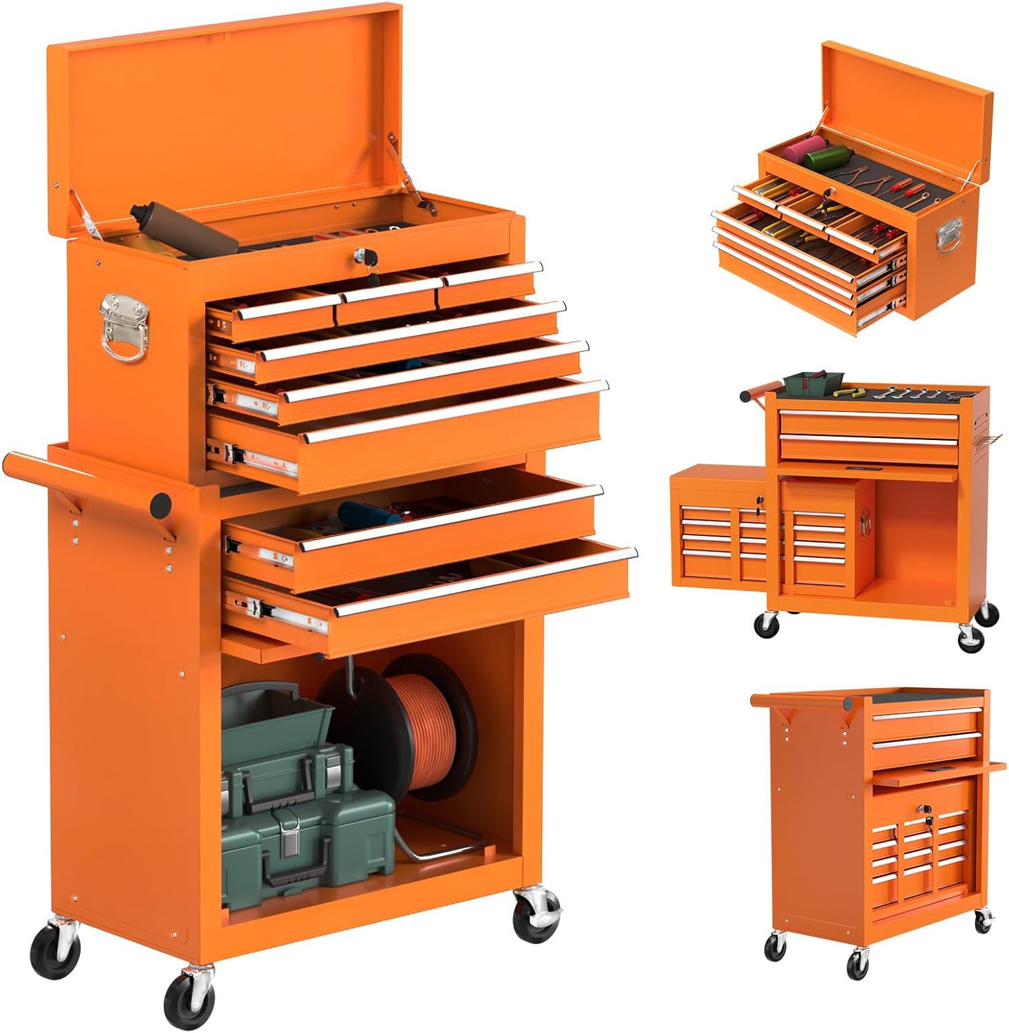 8-Drawer Rolling Tool Chest with Wheels, 2-in-1 Detachable Tool Box with Drawers and Large Cabinet, Rolling Tool Chest Storage Cabinet with Lockable for Warehouse, Garage, Workshop (Orange)