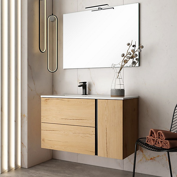 Meuble de salle de bain vasque déportée - 2 tiroirs - PRADO et miroir Led STAM - roble (chêne clair) - 80cm