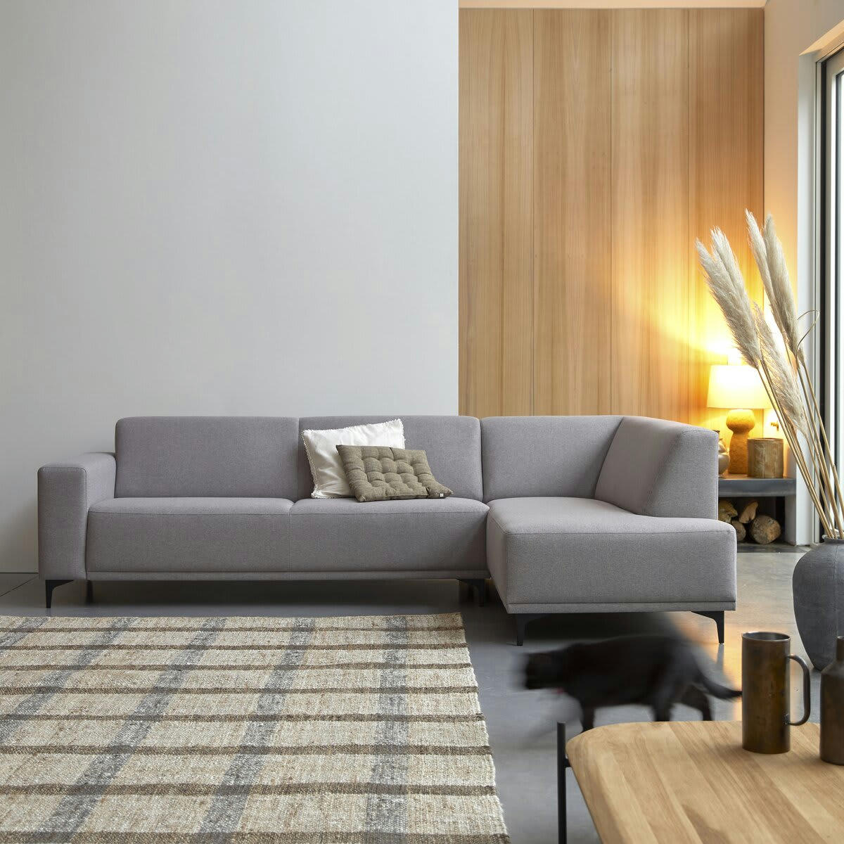 LARS - Canapé d'angle droit en tissu gris 295 x 185 cm, 5 places