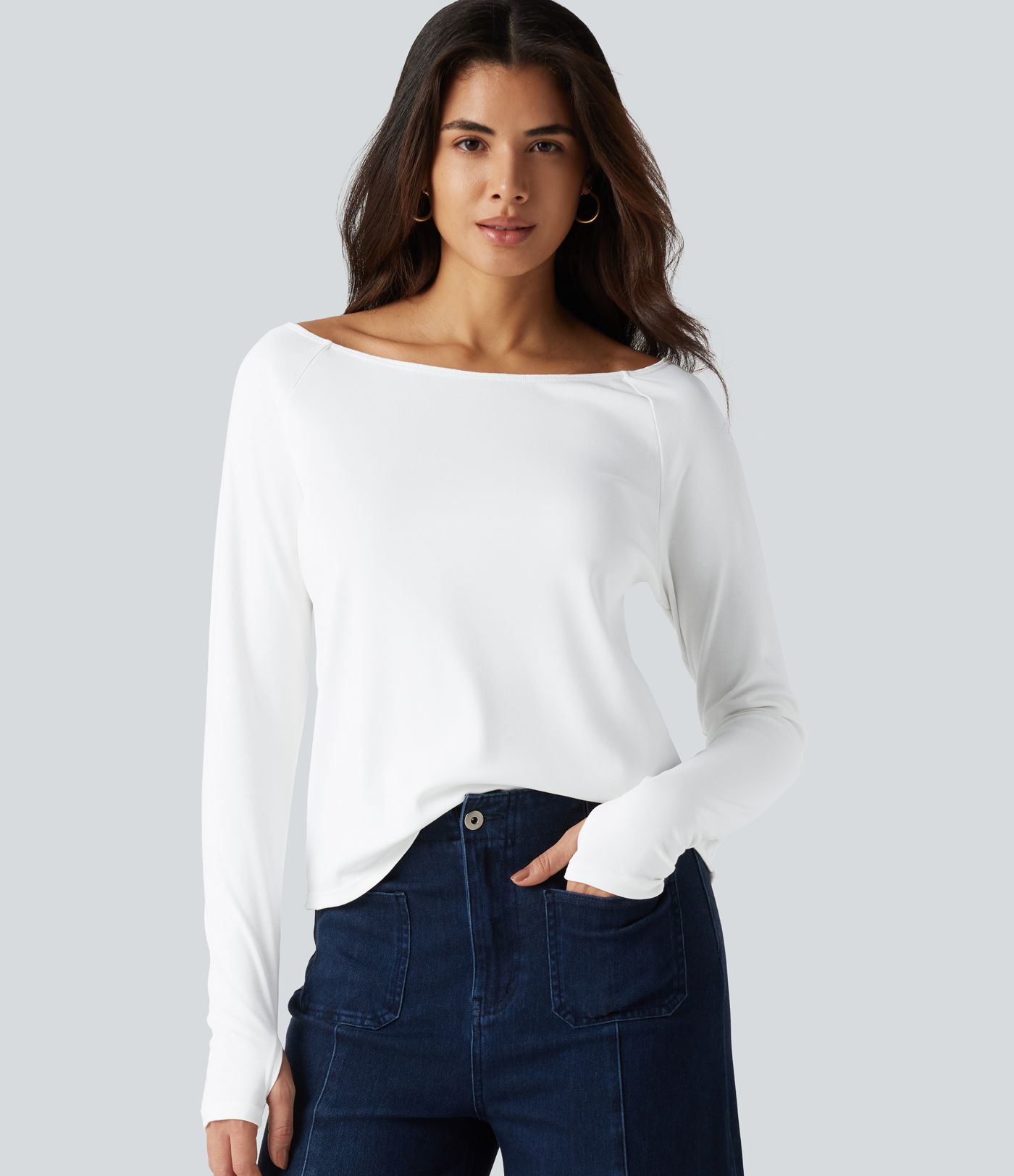 T-shirt en coton Pima à encolure bateau, manches longues et passe-pouces