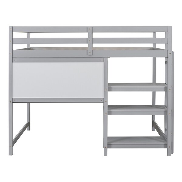Full Size Wooden Loft Bed with Shelves Desk and Writing Board