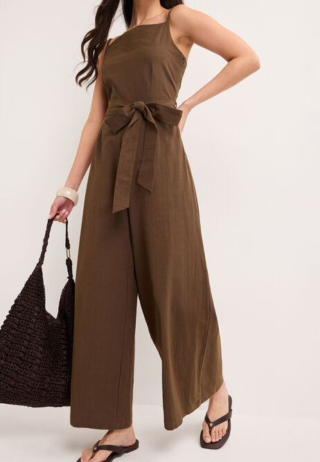 Womens Brown Bow Detail Belted Jumpsuit