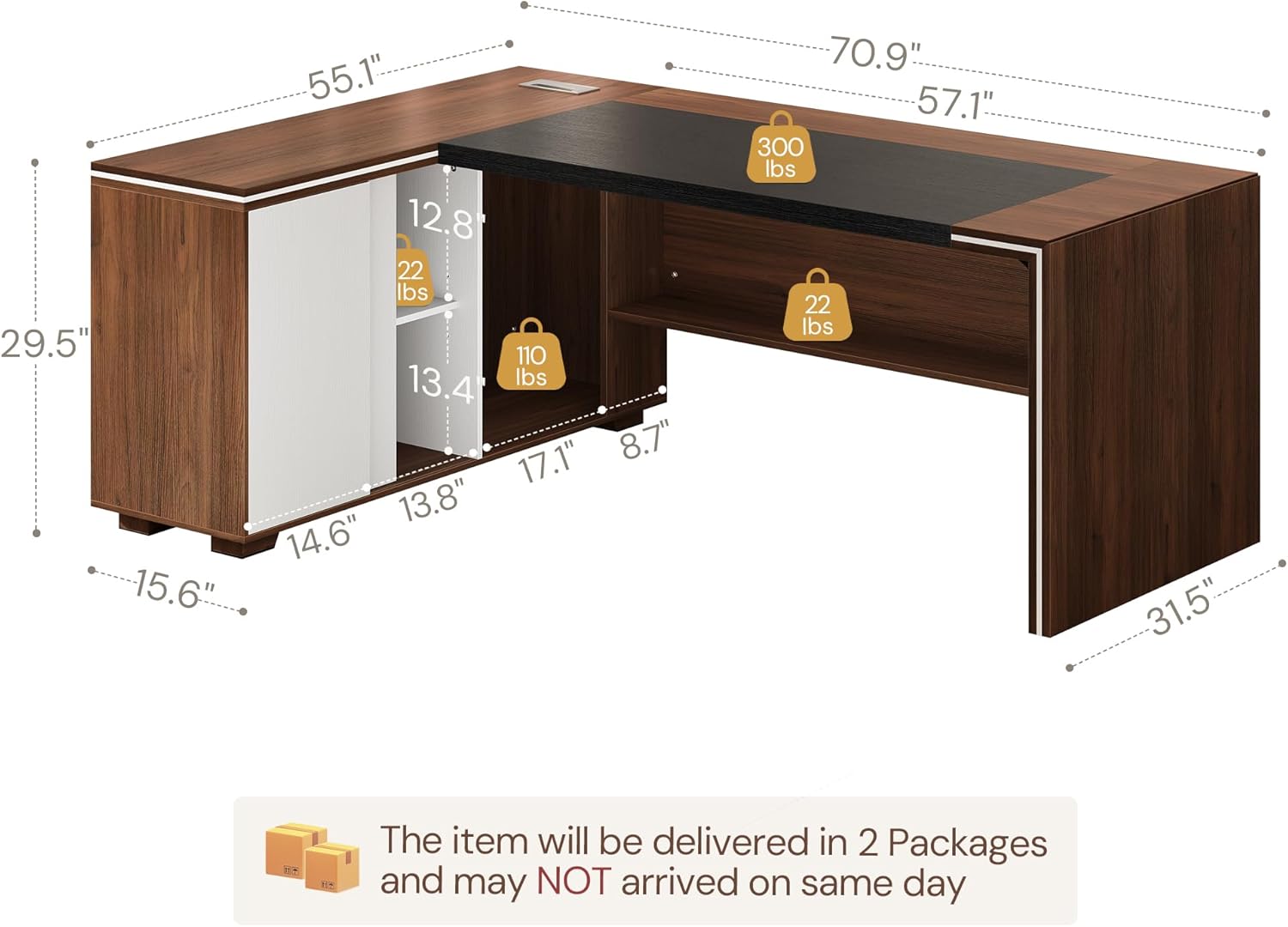 71 L-Shaped Executive Desk with Cabinet Storage, Large Office Computer Desk with Storage Shelves, Under-Desk Bookshelf, CPU Stand, Cable Management, Business Furniture Workstation (Brown)
