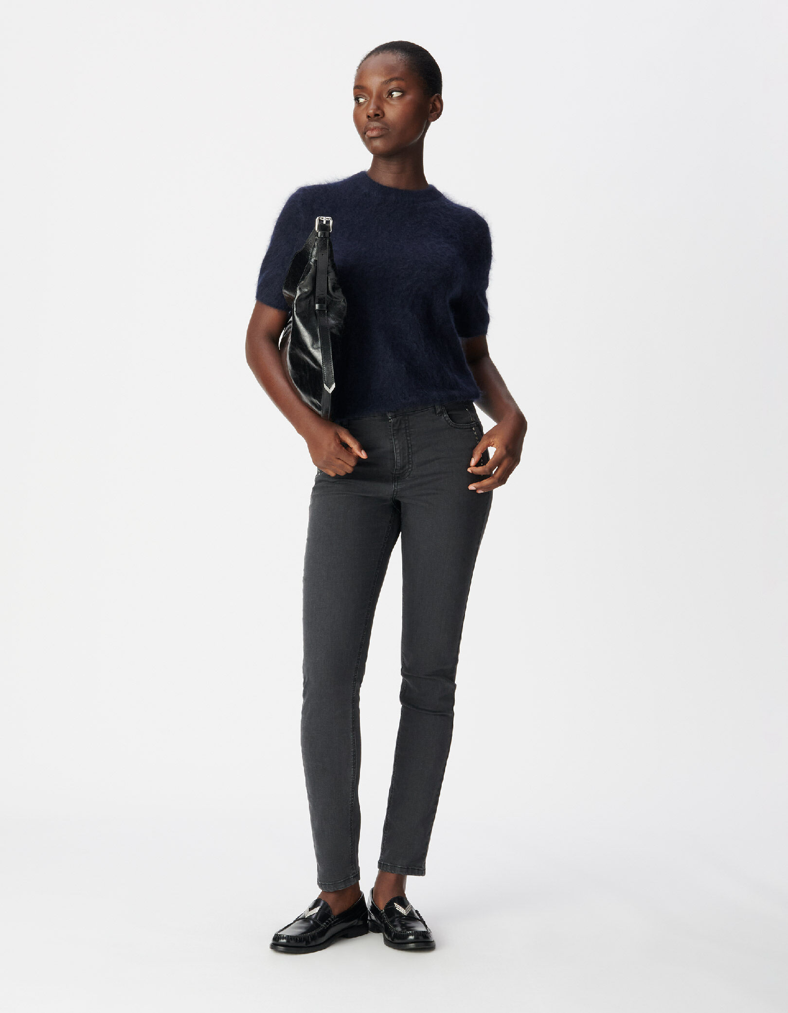 Jean slim gris taille haute détails clous Nina Femme