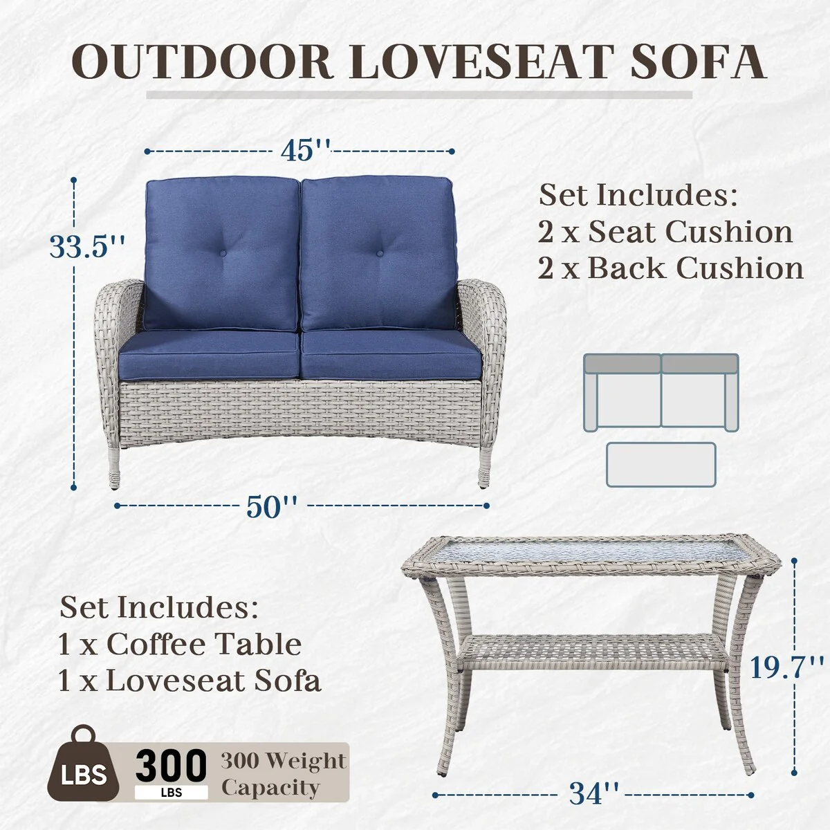 Patio Wicker Love-seat and Coffee Table Set - Light Beige