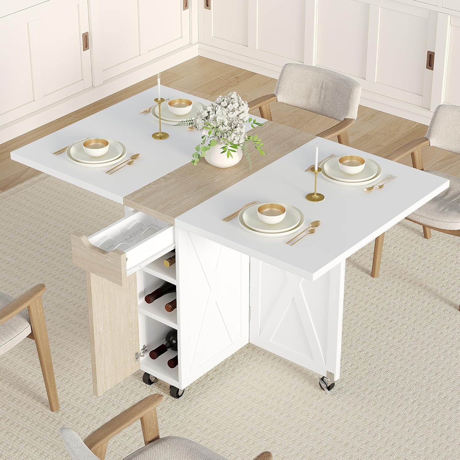 Folding Dining Table with 6 Wheels, Drop Leaf Tables for Small Spaces, Foldable Dining Table with 2-Layer Storage Rack, Kitchen Table with Drawer (White and Oak)