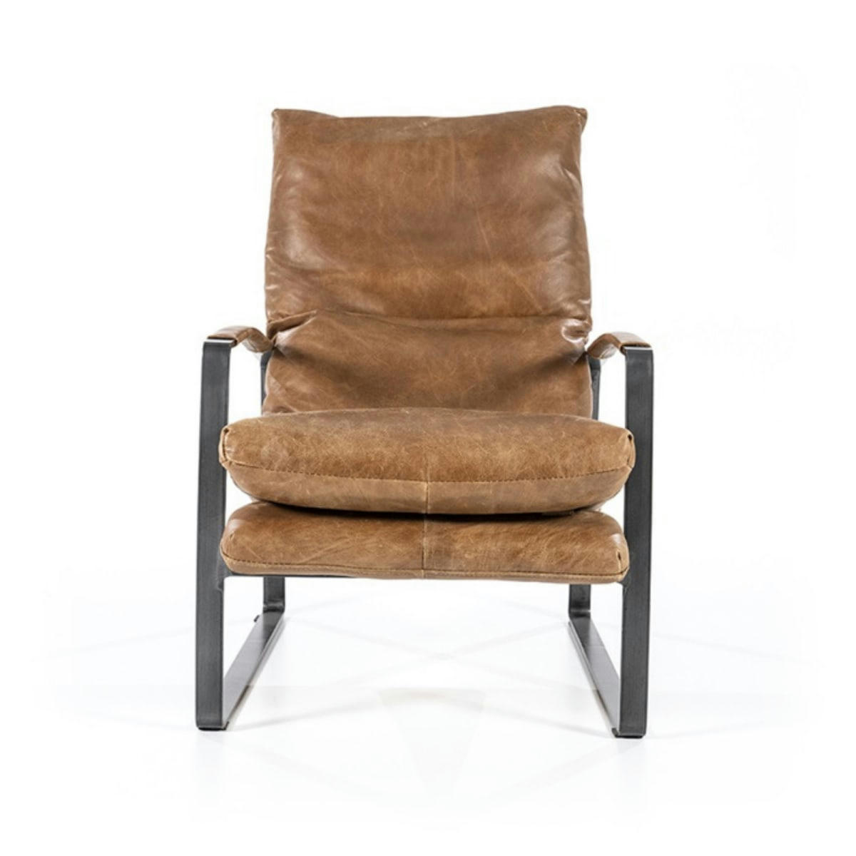 LUKAS - Fauteuil cuir vintage accoudoirs métal noir taupe
