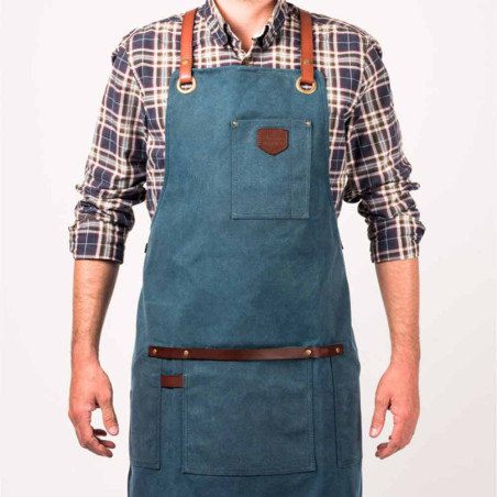 Tablier barbecue en toile waxée et cuir n°547 | Bleu canard - Alaskan Maker