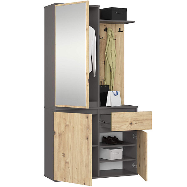 Ensemble de meubles d'entrée ENTRO Gris graphite, Chêne Artisan avec armoire et miroir 3 portes 1 tiroir 7 étagères 95x35x183 cm