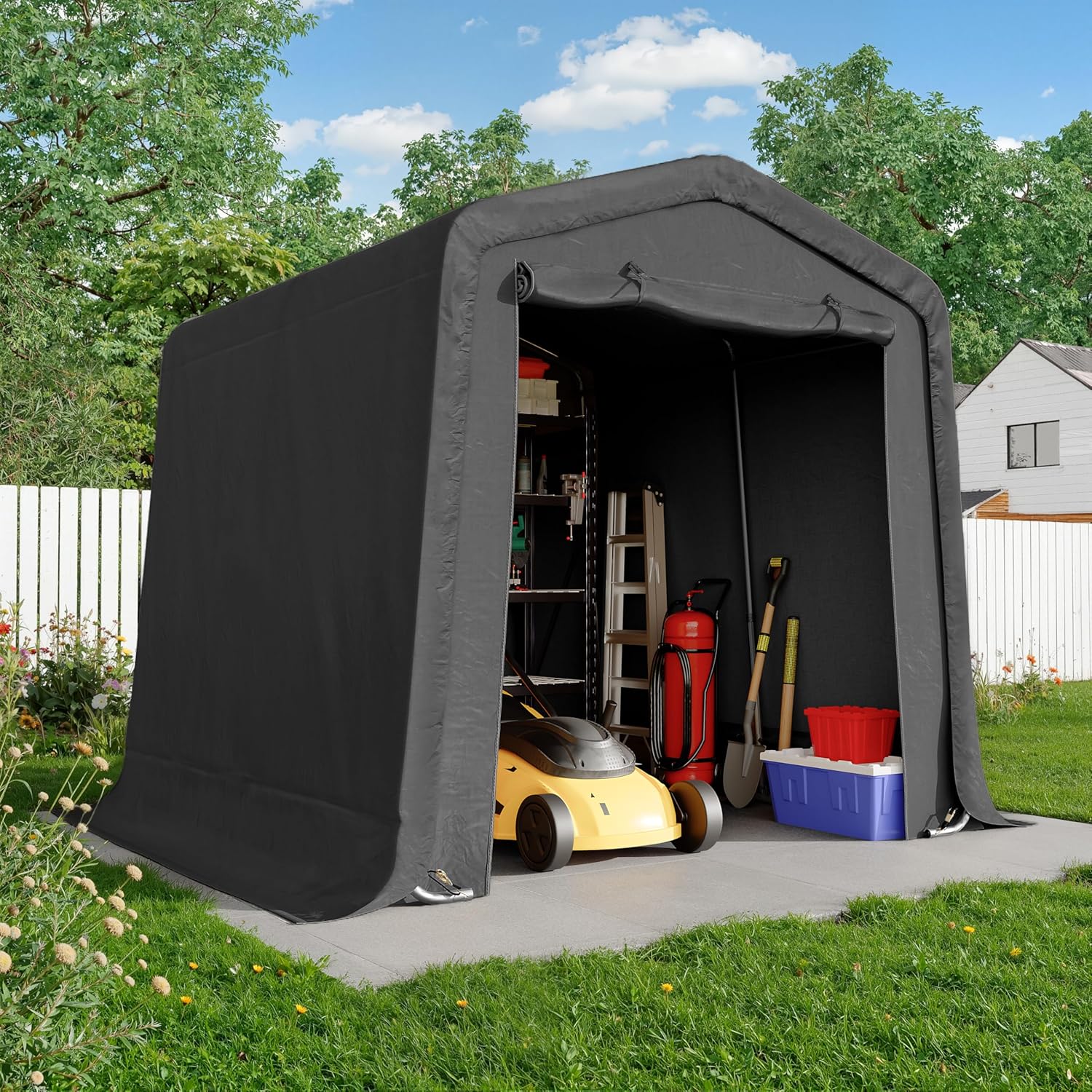 CHARMELEON 8x8FT Heavy Duty Outdoor Storage Shelter,Portable Garage Shelter for Garden Tool Motorcycle Bike,All-Steel Metal Frame Storage Tent with Dual Doors&Thickened Fabric (Dark Gray)
