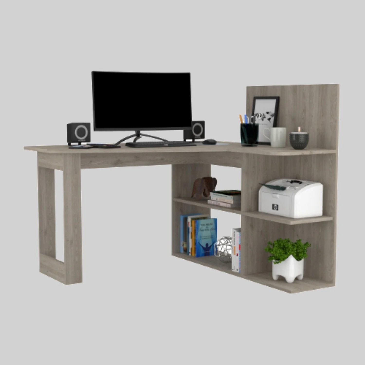Modern Computer Desk with Right Return, Open Shelving, and Sleek Hutch for Home Office Setup