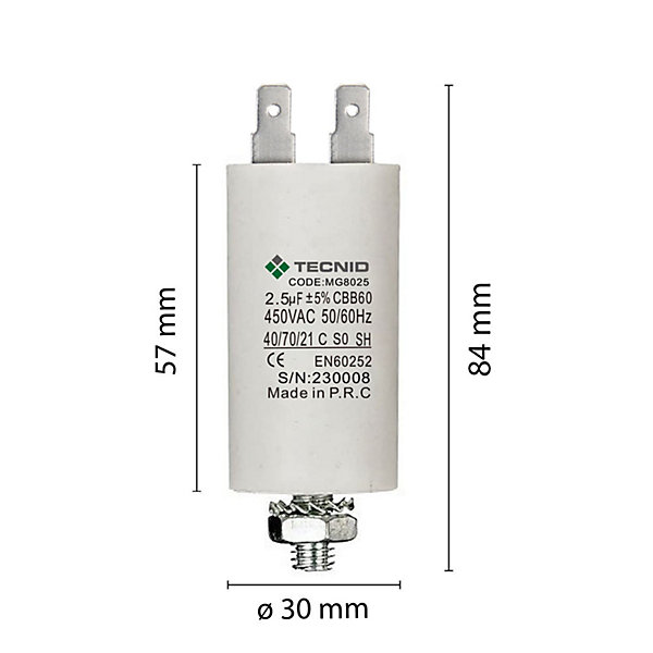 Condensateur de démarrage pour moteurs électriques, 450V, capacité : 2,5 microfarad, 4 broches / M8