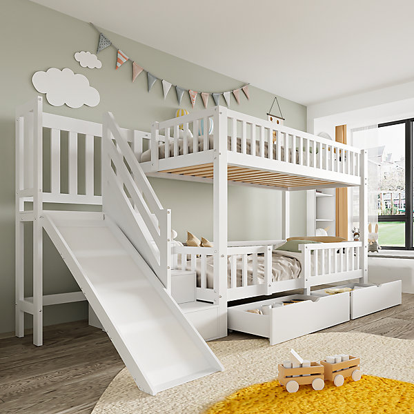 Lit Superposé 90x200 cm - Lit enfant avec Toboggan et Escalier, 2 Tiroirs de Rangement, Sommier Inclus, Sans Matelas - Blanc