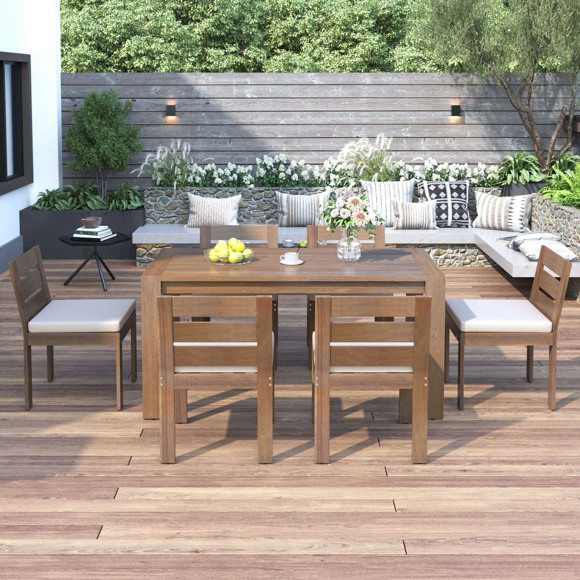 7 Piece Acacia Wood Outdoor Dining Set, Suitable for Patio, Balcony, Backyard